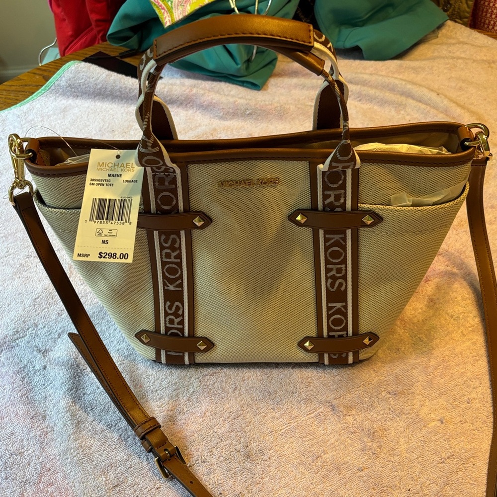 Michael Kors Cream and Brown Maeve Tote Bag